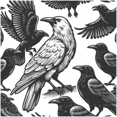 Naklejka premium rare white crow surrounded by black crows, symbolizing uniqueness, nonconformity, and standing out from the crowd sketch engraving generative ai raster illustration. Scratch board. Black and white.