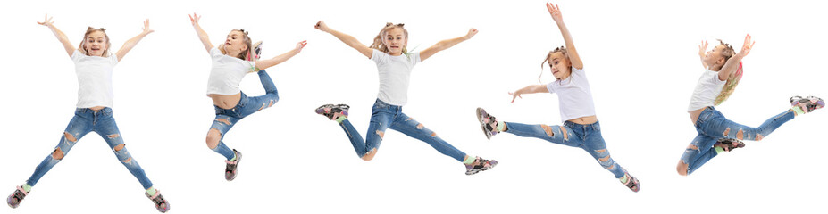 Set of dynamic images of little flexible girl jumping isolated on transparent background. Education, emotions, childhood and sport concept. Banner, poster for ad