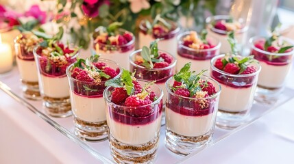 Gourmet dessert setup featuring panna cotta in glass cups with raspberry coulis and fresh garnishes