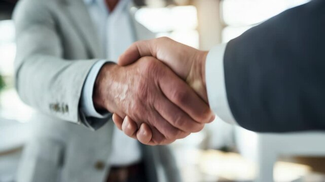Close-up of two business people shaking hands in a bright modern office, symbol of partnership, trust, and professional agreement &ndash; Generative AI