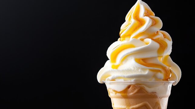 This image presents an elegant soft serve vanilla ice cream with a delightful caramel drizzle, styled artistically against a dark background for maximum impact.