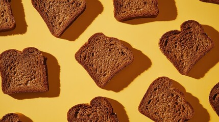 Sliced brown bread arranged on a yellow background
