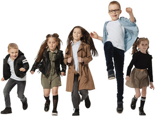 Happy school and preschool age children, girls and boys running, jumping isolated on transparent...