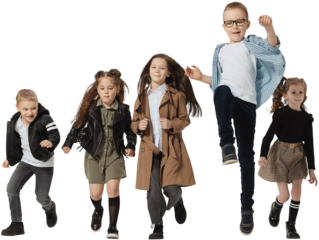 Happy school and preschool age children, girls and boys running, jumping isolated on transparent background. Beauty, kids fashion, ad, education, happy childhood concept.