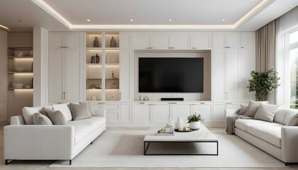 Fototapeta premium A modern classic living room with built-in shelf and white tv cabinet with sofa.