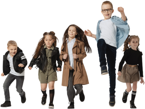 Happy school and preschool age children, girls and boys running, jumping isolated on transparent background. Beauty, kids fashion, ad, education, happy childhood concept.