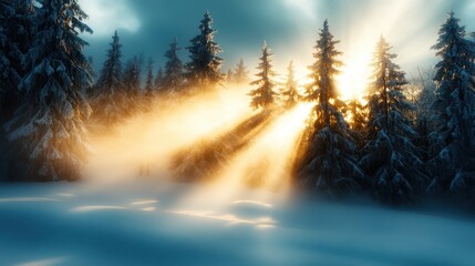 A breathtaking sunrise casts golden rays through a serene snow-covered forest, enchanting viewers with the beauty of nature and evoking tranquility and hope.