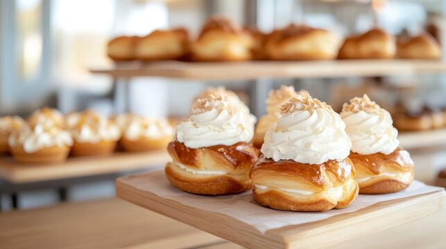 A selection of soft pastries drizzled with luscious whipped cream, beautifully arranged on wooden stands, creating an inviting and delightful bakery atmosphere.