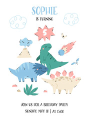 Birthday kids invitation template with hand-drawn dinosaurs