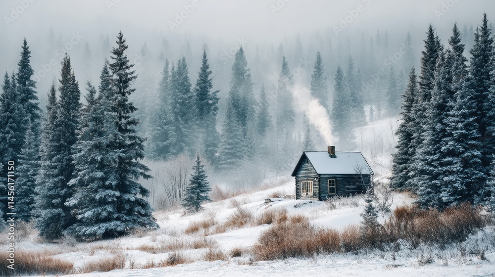 Poster cozy cabin nestled in snowy landscape with warm smoke billowing from chimney and towering evergreen 