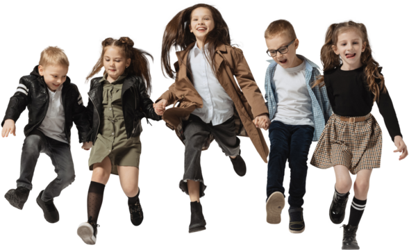 Happy childhood. Emotional school and preschool age children, girls and boys running, jumping isolated on transparent background. Beauty, kids fashion, ad, education, friendship concept. - Powered by Adobe