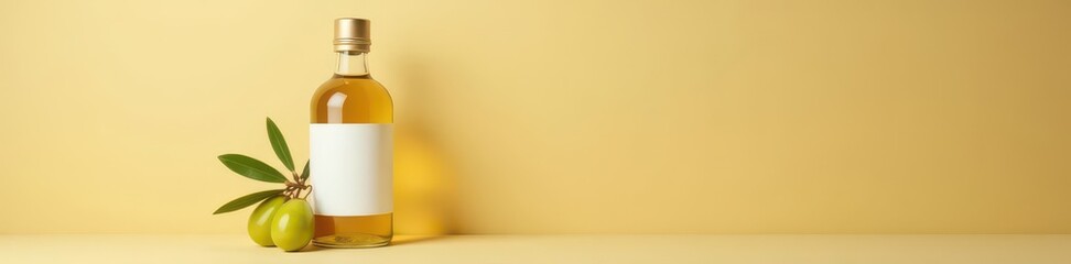 Elegant olive oil bottle mockup; blank label, beige background, ingredient, label