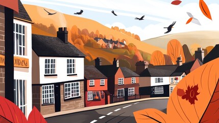 Autumnal Village Illustration in Pixel Art Style rural tranquility scenic vista pixelated landscape houses hills idyllic homes