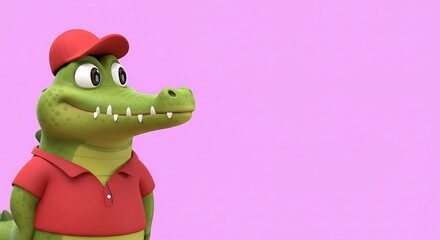 Fototapeta premium 3d cute cartoon illustration, closeup shot of a crocodile on the left side of the frame, with empty space on the right for text or design elements. ,isolated on bright background, no text