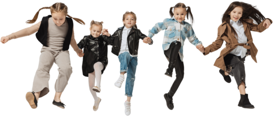 Happy school and preschool age children, girls and boys running, jumping isolated on transparent background. Beauty, kids fashion, ad, education, happy childhood concept.