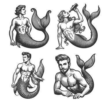 mermen with different poses and hairstyles Set collection bundle sketch engraving generative ai raster illustration. Scratch board imitation. Black and white image.