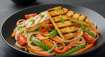 Grilled Tofu With Fresh Noodles And Colorful Vegetables On Dark Background