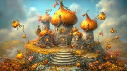 Fototapeta premium Enchanting autumn castle amidst vibrant foliage whimsical architecture fantasy fairytale scenery dreamy landscape vibrant palette