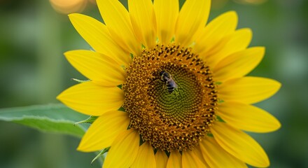 Obraz premium Bee Gathering Pollen on a Vibrant Yellow Sunflower Bloom