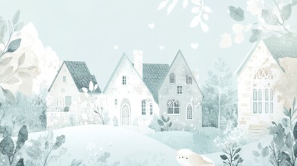 Watercolor Winter Village Illustration with Snowflakes Gentle Pastel Hues for Holiday Season Serene Atmosphere Rural Scenery