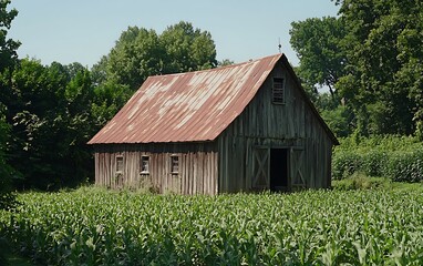 Rustic Charm: A weathered barn stands peacefully amidst a vibrant cornfield, a picturesque scene of rural tranquility.