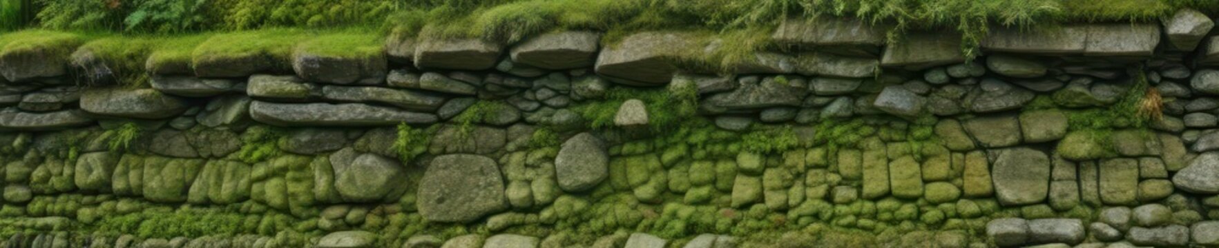 Ancient green moss-covered stone walls, weathered texture , architecture, detail