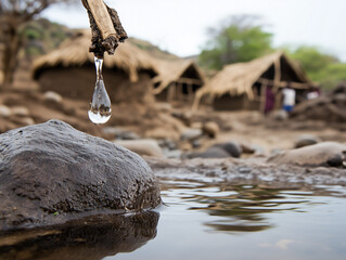 Precious water drop dripping in a dry african village