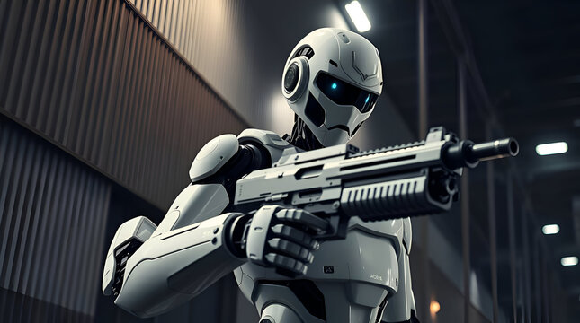 A photorealistic DSLR image at f11 showcases a white humanoid robot, a security guard holding a sleek gun outside an industrial building, Generative Ai