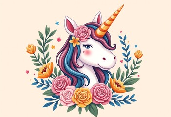 Fototapeta premium Cute Unicorn with Floral Wreath and Orange Striped Horn Design