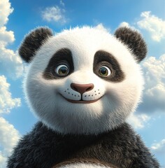 Obraz premium A bright and cheerful pink panda cub, characterized by its big eyes and joyful expression, is set against a vibrant sky, embodying a playful fantasy creature that radiates happiness and charm