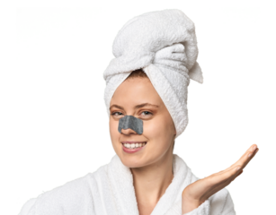 Young Caucasian redhead with pore strip showing a copy space on a palm and holding another hand on waist.