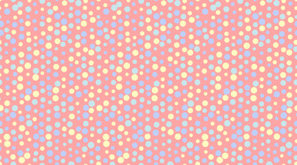Delightful pastel polka dot pattern.  Perfect for cheerful backgrounds, textile designs, or playful branding.  This seamless, vector design offers a vibrant and optimistic aesthetic.