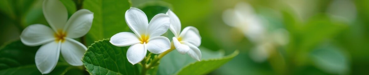Obraz premium Close-up of Arabian jasmine flowers, showcasing delicate petals and vibrant green leaves , tropical flowers, detail