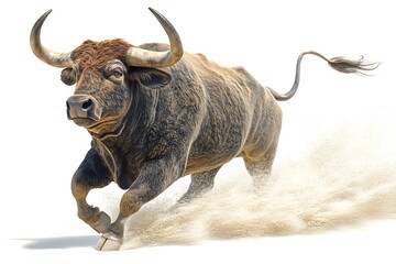 Powerful bull charging through sand