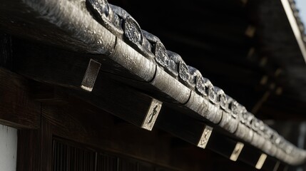 Obraz premium Intricate Roof Structure of Aged Building Showcasing Japanese Architectural Heritage and Traditional Craftsmanship Detail