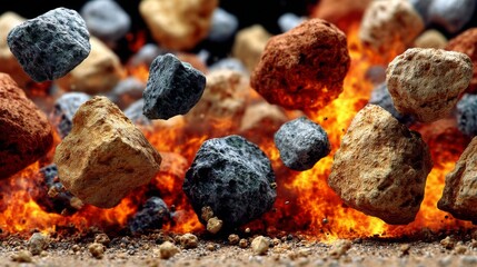 Explosive rocks flying through the air with fiery background
