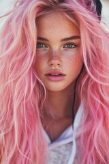 Fototapeta premium A trendy fashion model sporting pink hair and white headphones gazes confidently into the camera, embodying a modern aesthetic portrait style
