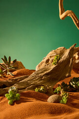 Vertical photo of ancient tree bark with long ridges and sharp edges. Succulents and desert plants grow on the sand, around the round pebbles. Large boulders in the behind rise up like mountains.