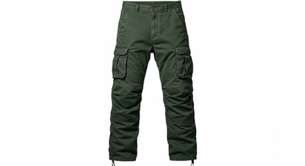 Fototapeta premium A pair of olive green cargo pants with multiple pockets displayed on a white background in a studio shot