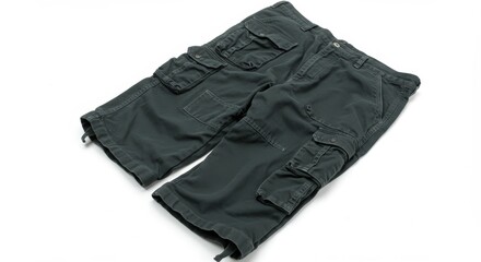 A pair of dark green cargo shorts with multiple pockets laying on a white surface in a studio shot