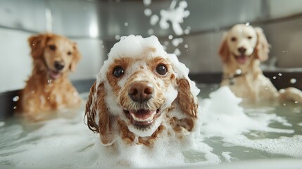 Three playful dogs are joyfully bathing in bubbles, showcasing their happiness and the fun of pet grooming in a clean and inviting environment with water splashes.