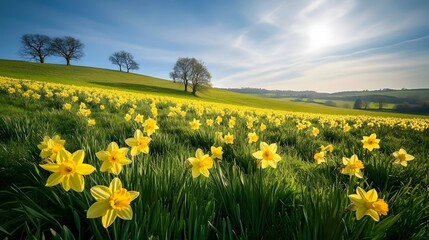 Fototapeta premium Springtime meadow filled with vibrant daffodils under a clear sky.
