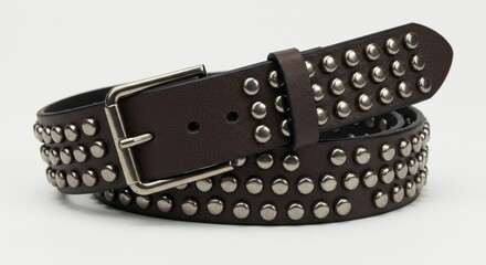 A brown leather belt with silver studs and a silver buckle on a white background in a studio shot
