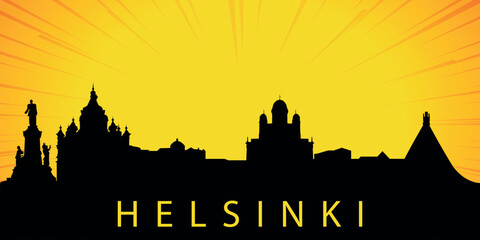 A silhouette of the skyline of Helsinki, Finland against the backdrop of the sunset. The sun is low above the horizon, emitting orange-yellow light with rays that diverge upward.