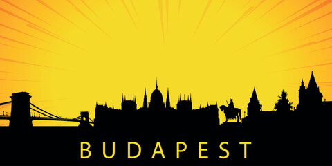 A silhouette of the skyline of Budapest, Hungary against the backdrop of the sunset. The sun is low above the horizon, emitting orange-yellow light with rays that diverge upward.