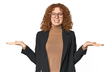 Young Caucasian redhead in business attire makes scale with arms, feels happy and confident.