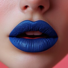 Fototapeta premium Bold blue glossy lips paired with a striking red tongue are placed against a bright pink background in a surreal pop-art inspired digital artwork, where vivid colors and strong contrasts define the
