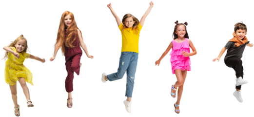 Happy children kids in casual clothing jumping with expressive faces, showing joy isolated on transparent background. Concept of childhood, fun, leisure, friendship, early development. Banner