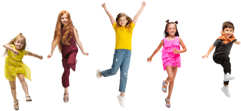 Happy children kids in casual clothing jumping with expressive faces, showing joy isolated on transparent background. Concept of childhood, fun, leisure, friendship, early development. Banner