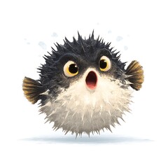 Fototapeta premium Wide-eyed fish with spiky skin in defense posture. Vector image of a sea creature on white background.